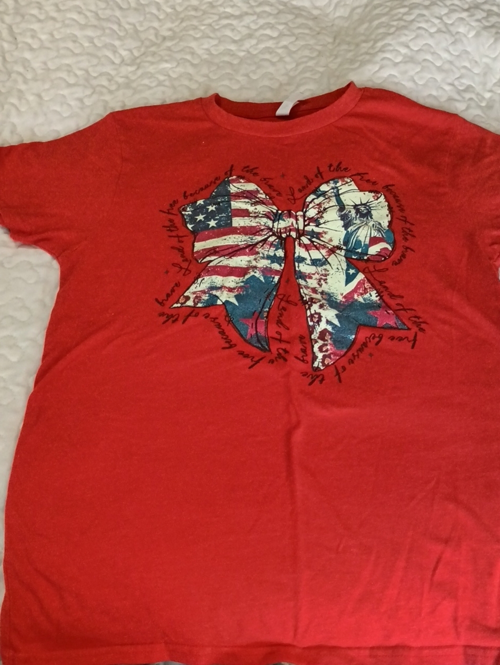 TODAY ONLY T'S 3 FOR $15!! Red Short Sleeve Graphic Tee with Patriotic Bow